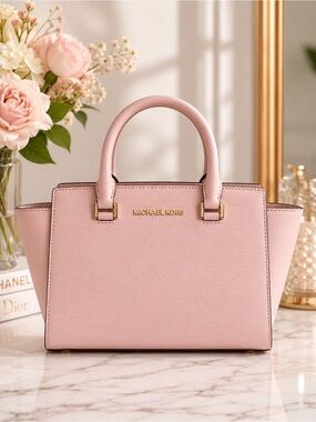 Michael Kors Blush Pink Saffiano Leather Satchel Tote Bag Gold Hardware
